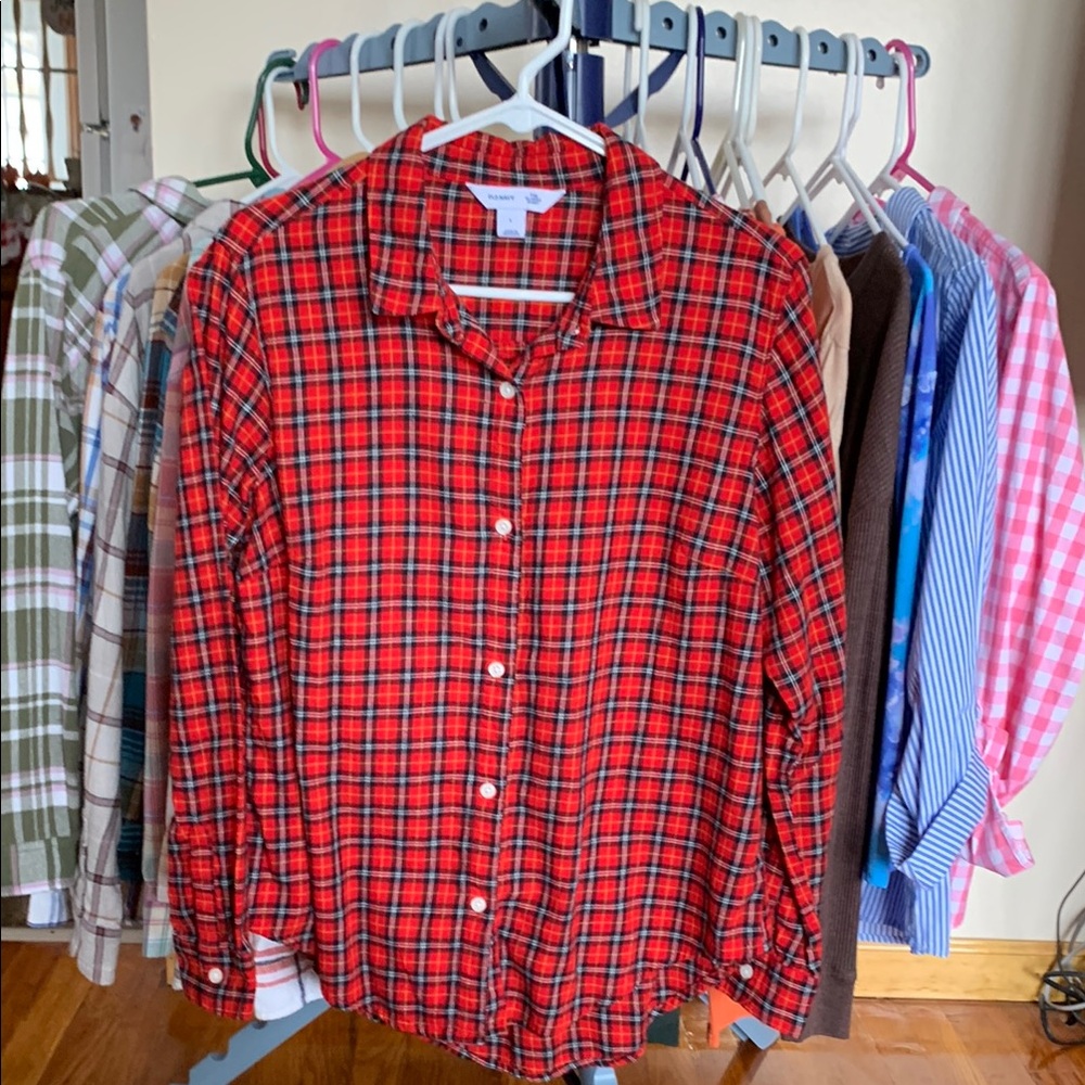 Old Navy Women Casual Red Plaid Button Down Shirt
